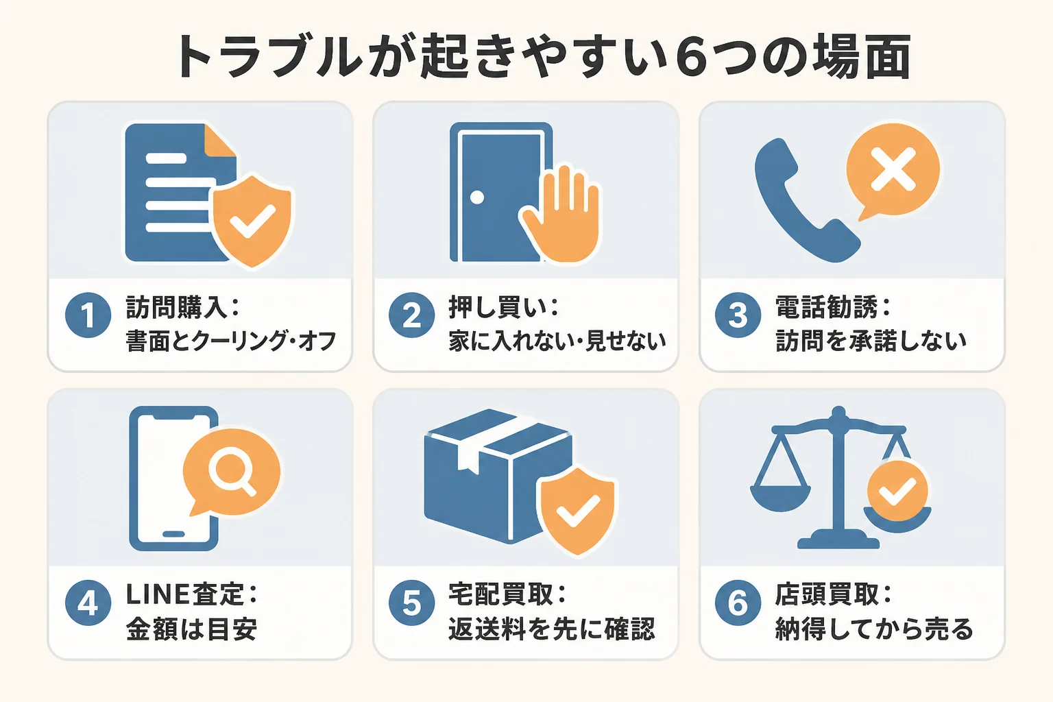 貴金属買取のトラブルが起きやすい6つの場面と確かめたいことの図解