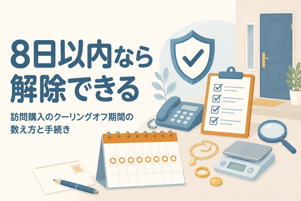 訪問購入のクーリングオフ期間を表す、カレンダーとはがきのイラスト