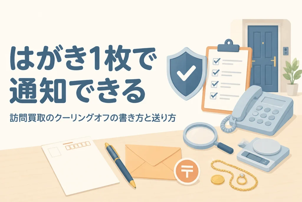 訪問買取のクーリングオフの書き方を表す、はがきとペンのイラスト