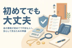金の買取が初めてで不安な人に向けて、安心して売るための準備を表したアイキャッチ