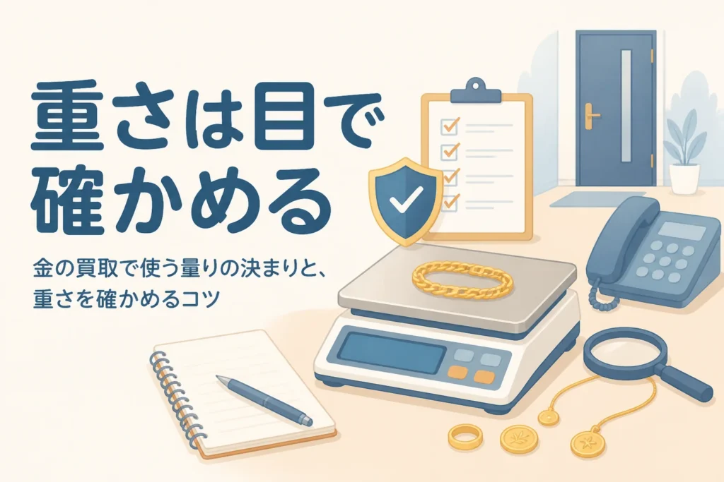 金の買取で重さを量りの表示で確かめることを表したアイキャッチ