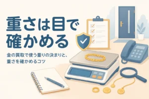 金の買取で重さを量りの表示で確かめることを表したアイキャッチ