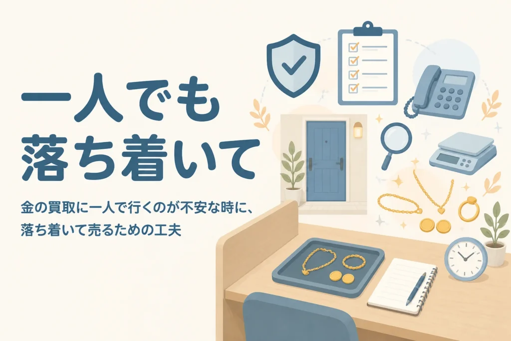 金の買取に一人で行く不安を和らげる工夫を表したアイキャッチ