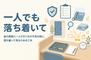 金の買取に一人で行く不安を和らげる工夫を表したアイキャッチ