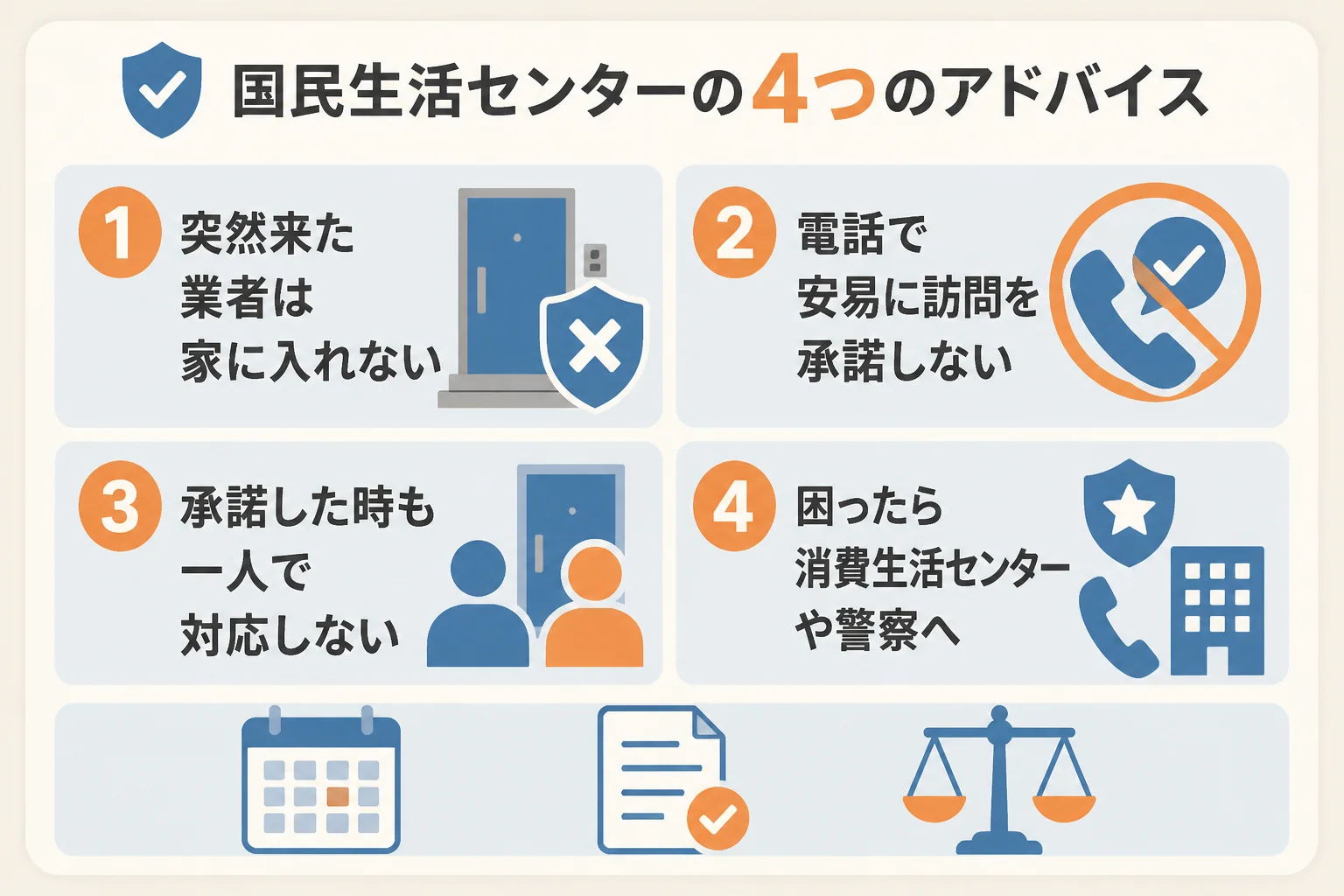 国民生活センターが挙げる、訪問購入のトラブルを避けるための4つのアドバイスの図解