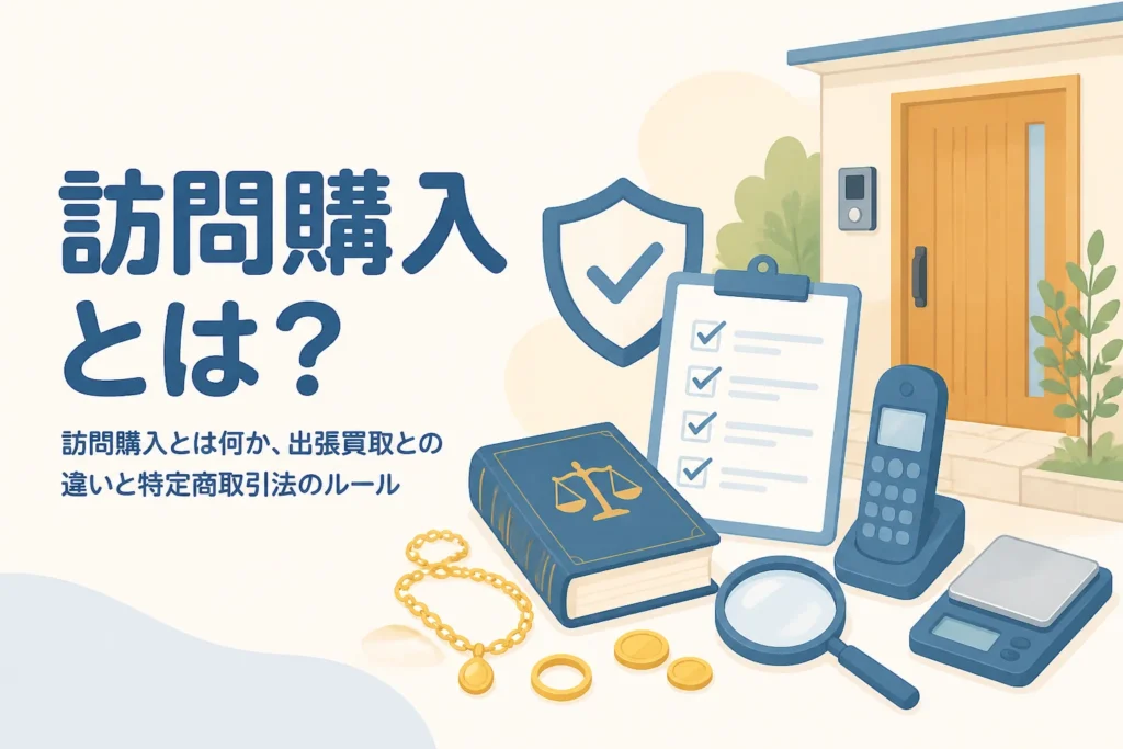 訪問購入とは何かを表す、玄関と盾のマークのイラスト
