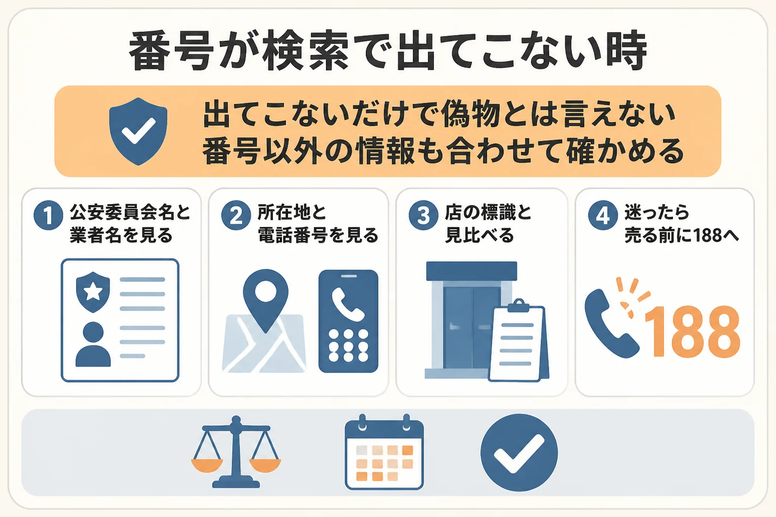 古物商の許可番号を調べても出てこない時に、落ち着いて確かめる手順の図解
