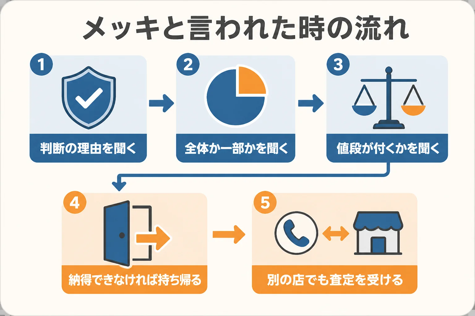 金の買取でメッキと言われた時に、理由を聞いて持ち帰り、別の店でも査定を受ける流れの図解