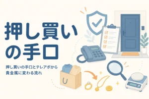 押し買いの手口の流れを表したアイキャッチ