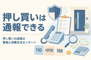 押し買いの通報と相談先を表したアイキャッチ
