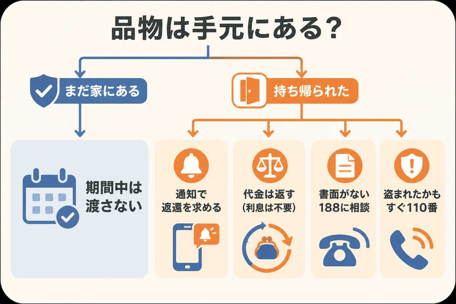 押し買いで売ってしまった後、品物が手元にあるかどうかでやることが変わる流れを示した図解