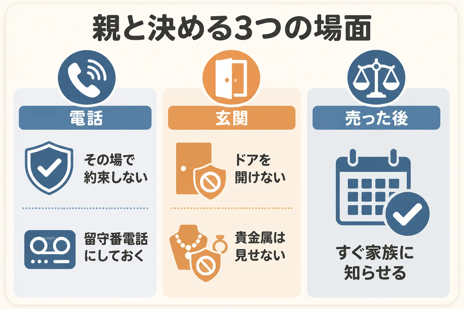 押し買いから親を守るために、電話・玄関・売った後の3つの場面で家族ができる備えを示した図解