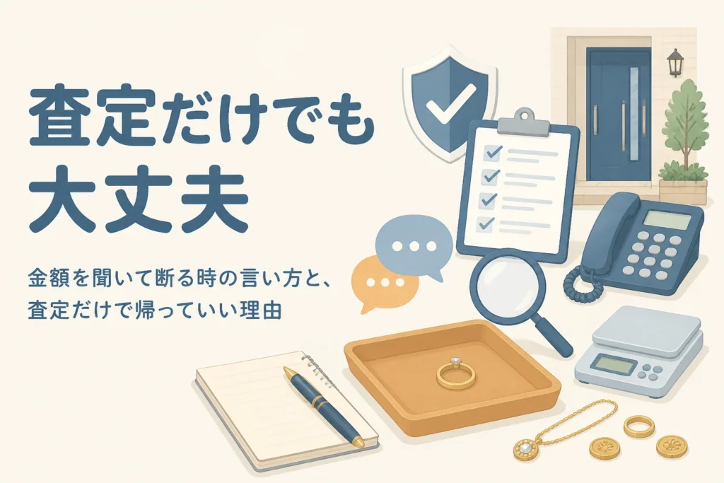 査定だけで断ってもいいことと、金額を聞いて帰る時の言い方を表したアイキャッチ