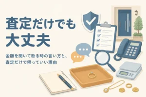 査定だけで断ってもいいことと、金額を聞いて帰る時の言い方を表したアイキャッチ