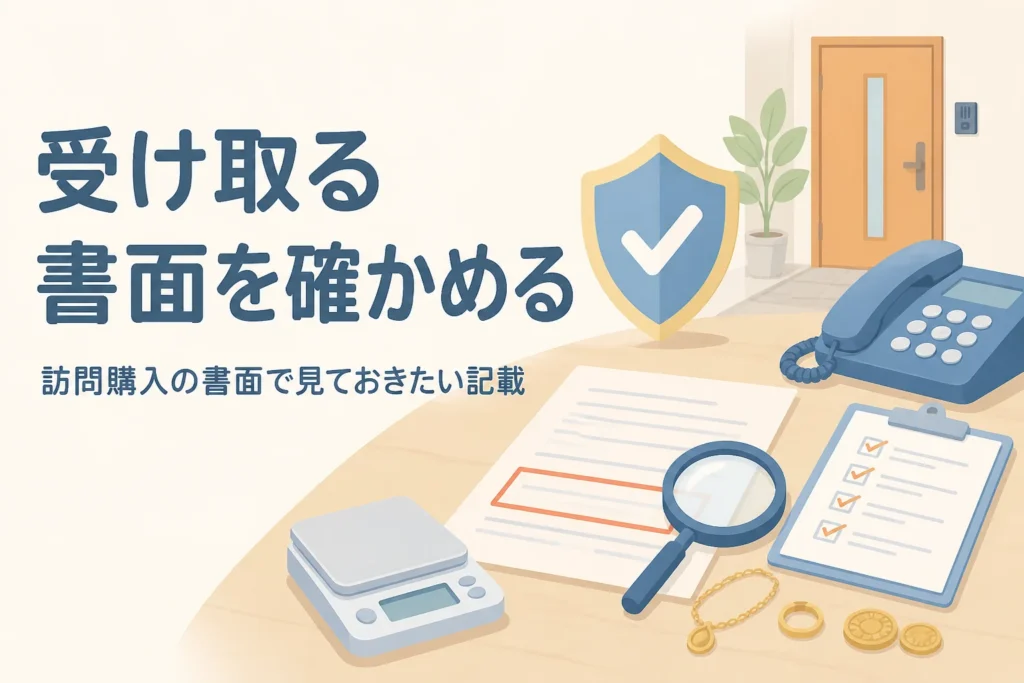 訪問購入で受け取る書面を確かめる様子のアイキャッチ