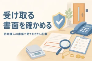 訪問購入で受け取る書面を確かめる様子のアイキャッチ