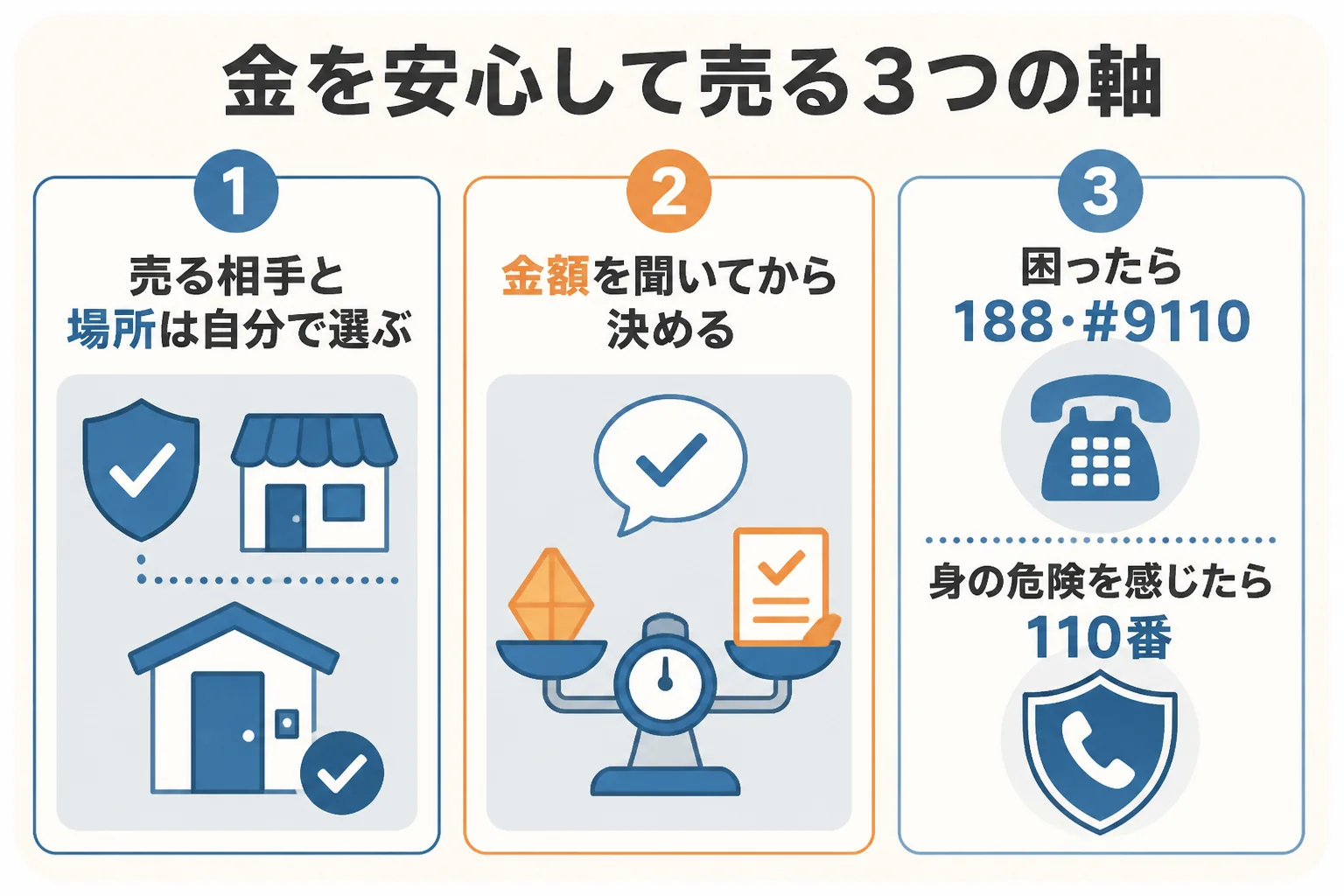 金を安心して売るための3つの軸と、それぞれで確かめることの図解
