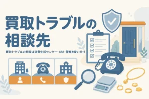 買取トラブルの相談先として消費生活センター・188・警察の使い分けを示すアイキャッチ