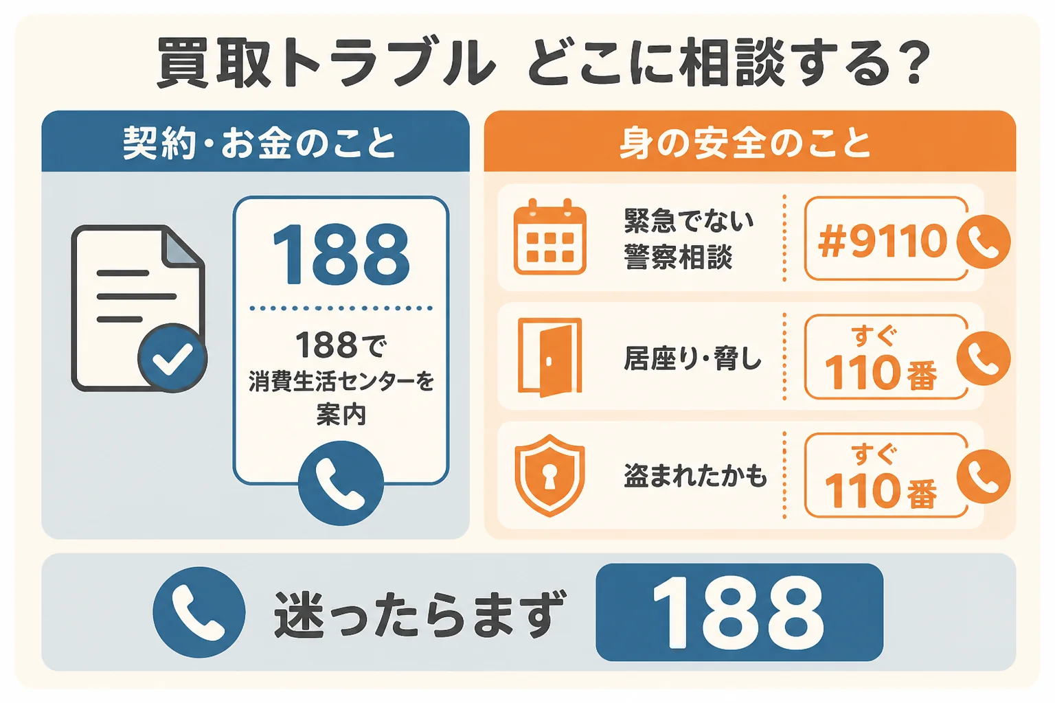 買取トラブルの状況別に、188・#9110・110番のどこに相談するかを示した図解