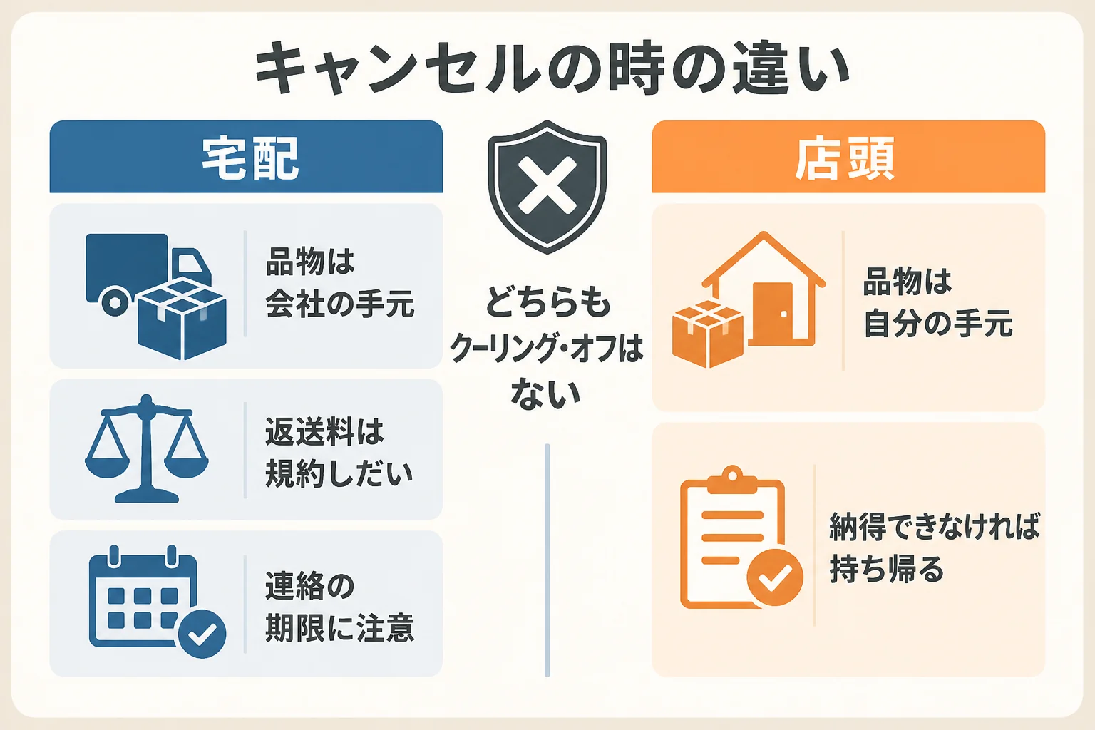宅配買取と店頭買取で、キャンセルした時の違いを比べた図解
