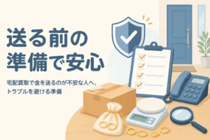 宅配買取で金を送るのが不安な人に向けて、送る前の準備を表したアイキャッチ