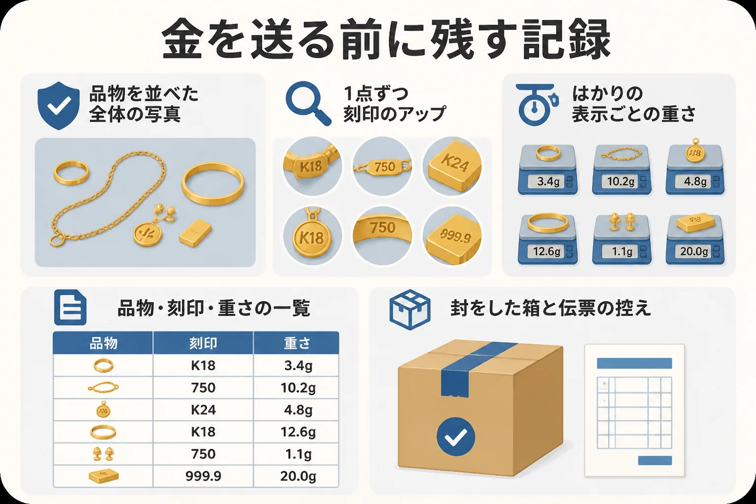 宅配買取で金を送る前に残しておきたい記録の図解
