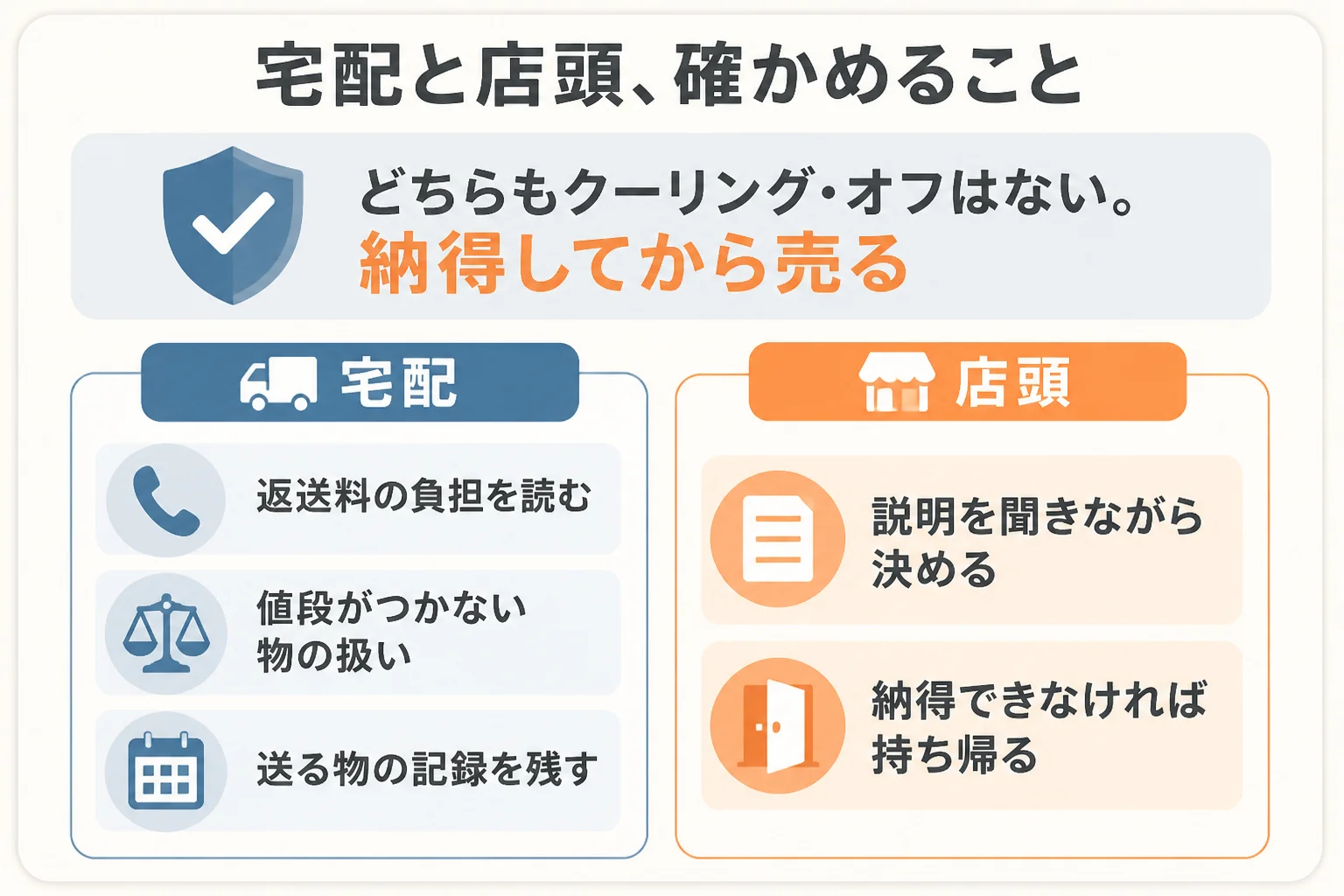宅配買取と店頭買取の違いと、それぞれで確かめることの図解