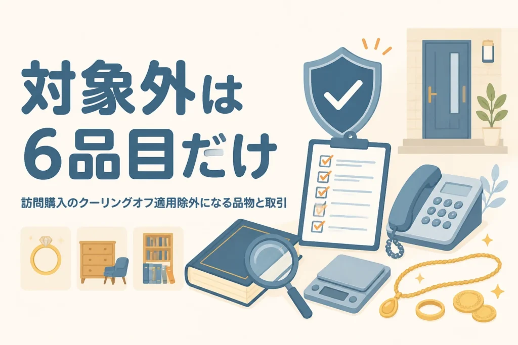 訪問購入のクーリングオフの適用除外を表す、法律の本と虫めがねのイラスト