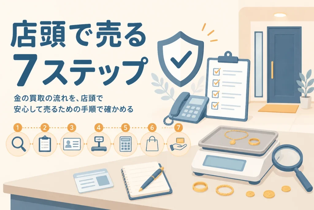 金を店頭で売る時の買取の流れを7つのステップで表したアイキャッチ