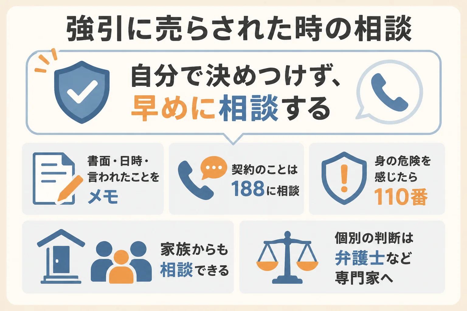 強引に売らされた時や家族が売ってしまった時の相談の流れを示した図解