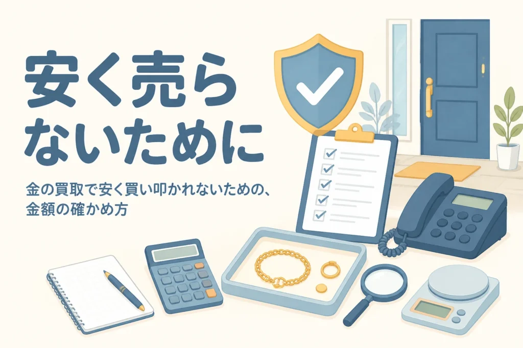 金の買取で安く買い叩かれないための確かめ方を表したアイキャッチ