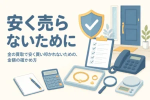 金の買取で安く買い叩かれないための確かめ方を表したアイキャッチ
